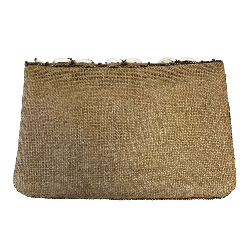 Pizzazz Tan White Jute & Shell Beaded Flap Clutch with Crossbody Chain AS IS